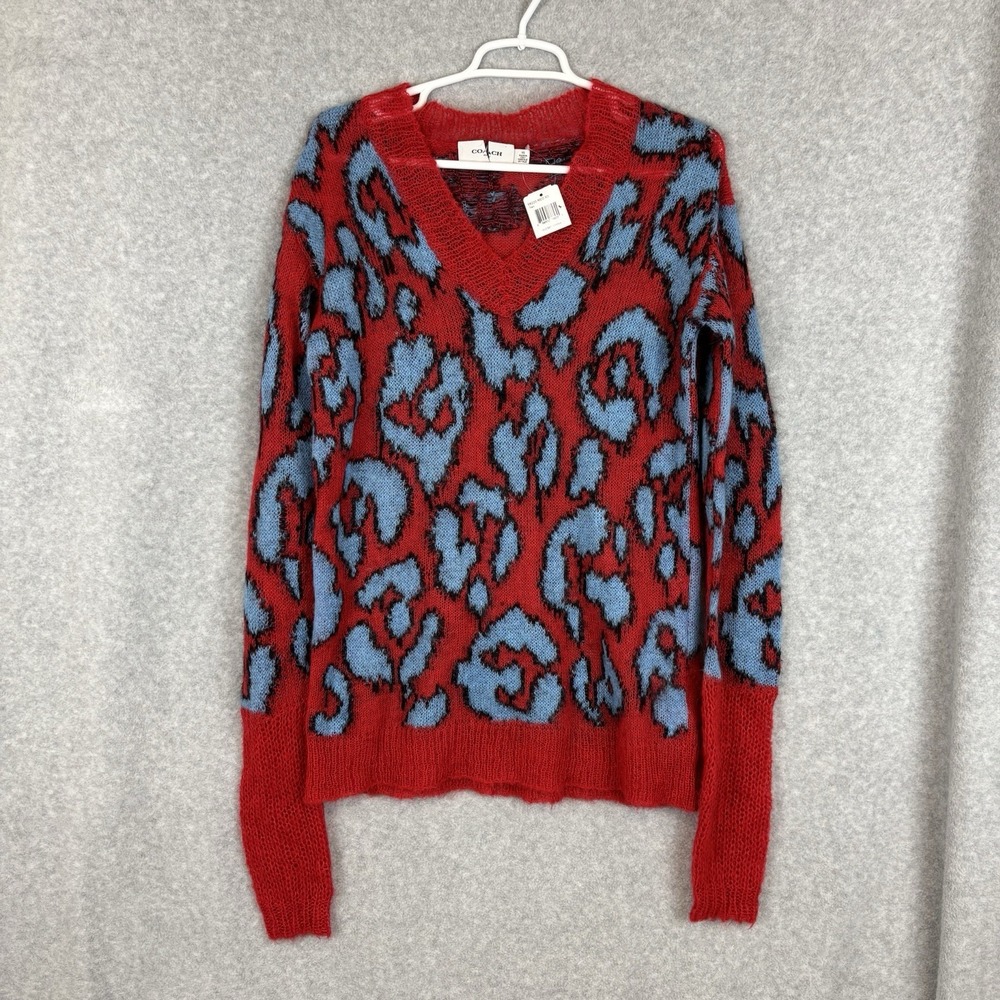 Coach Sweater Women's XS Red Blue Camo Intarsia Wild Beast VNeck Long Sleeve NWT